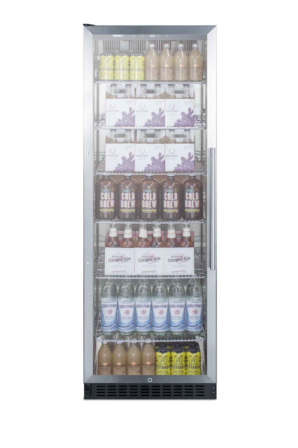 Full-size commercial beverage center with stainless steel interior, self-closing glass door, self-closing glass door with a left hand swing, and stainless steel wrapped cabinet